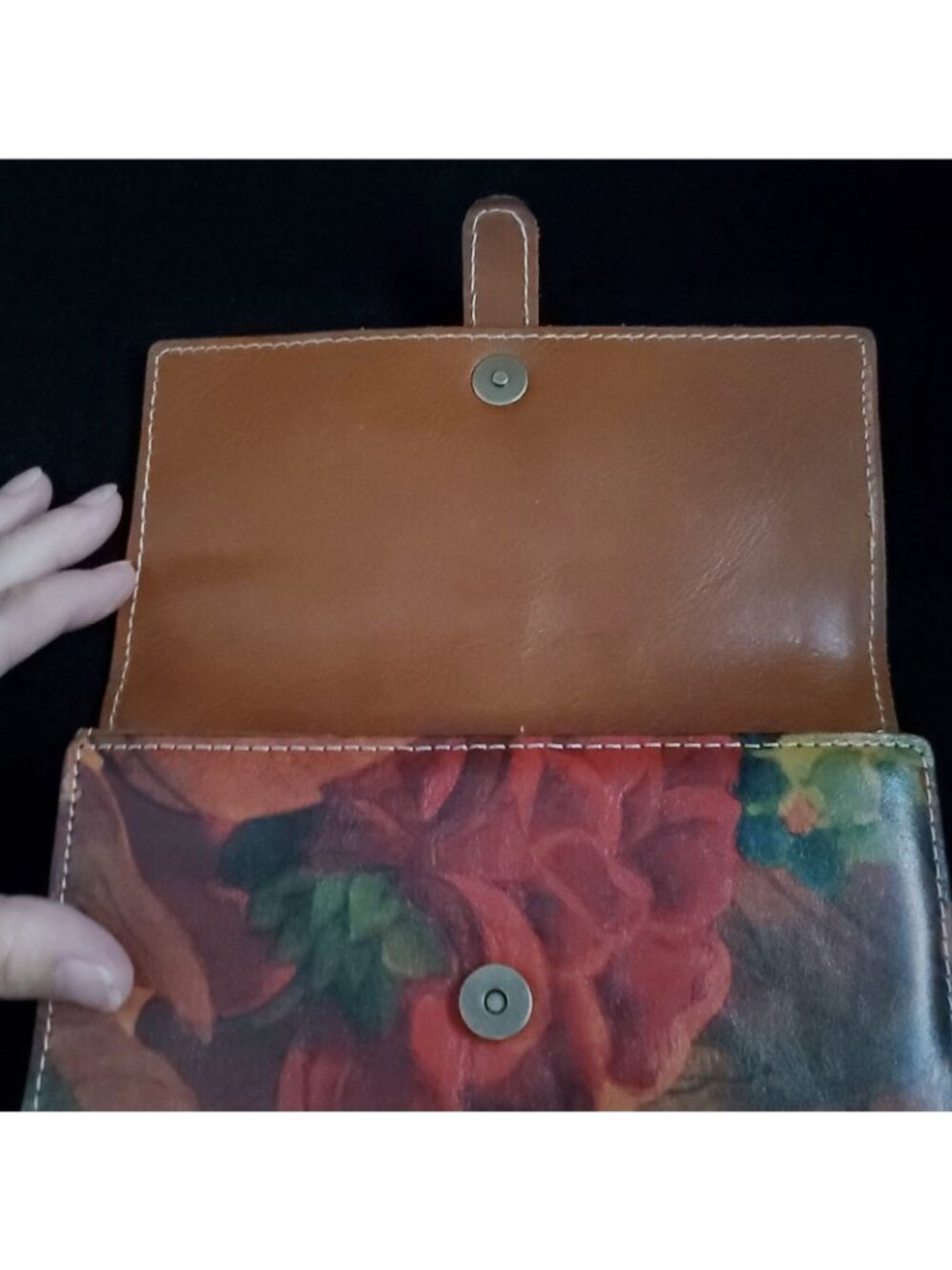 Patricia Nash Trifold Wallet Clutch Card Organizer Floral Leather Brown Red - Picture 3 of 5